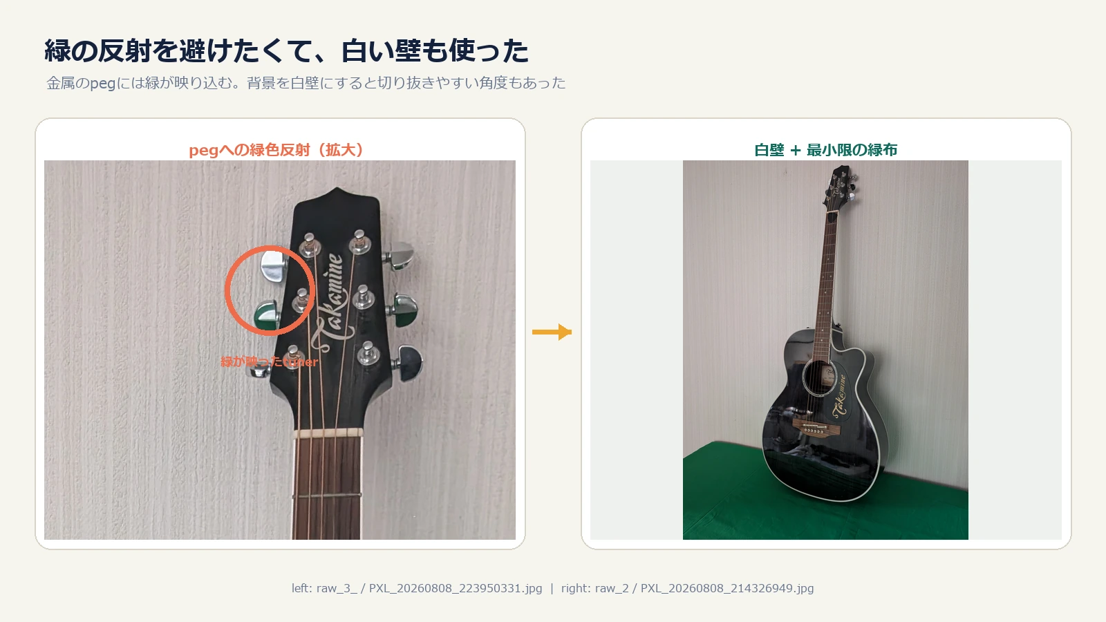 ペグへの緑色の反射と白壁で撮影したギターの比較